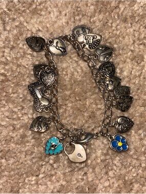 Silver Heart Charm Bracelet with Turquoise and Blue Accents